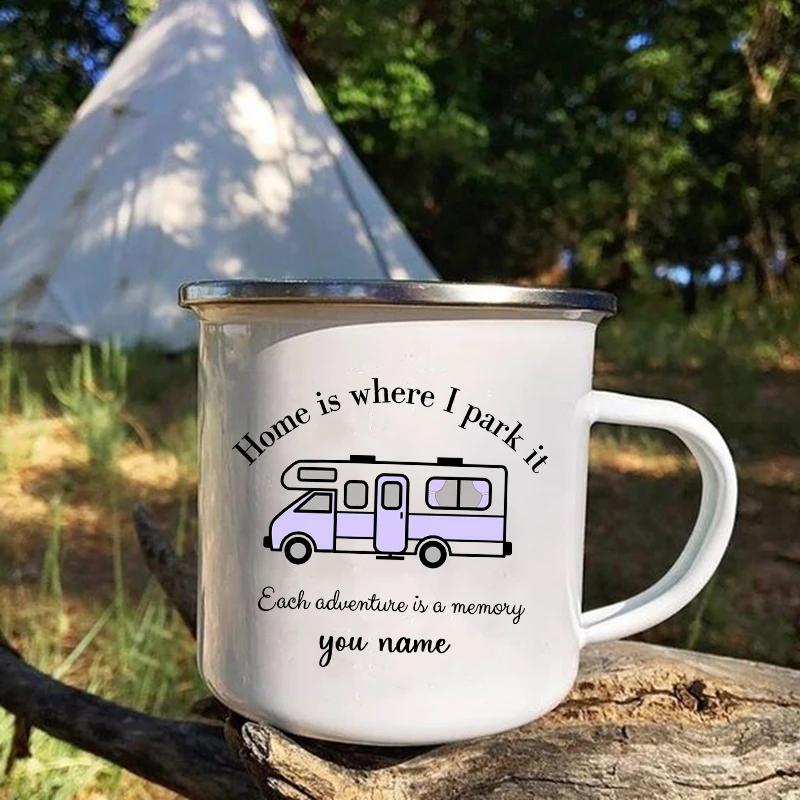 Personalisierte Tasse Benutzerdefinierter Tourenwagen mit Namen Emaille-Tasse Camping Lagerfeuer Kaffeetassen Reise-Wasserbecher Wohnmobil Beste Geschenke