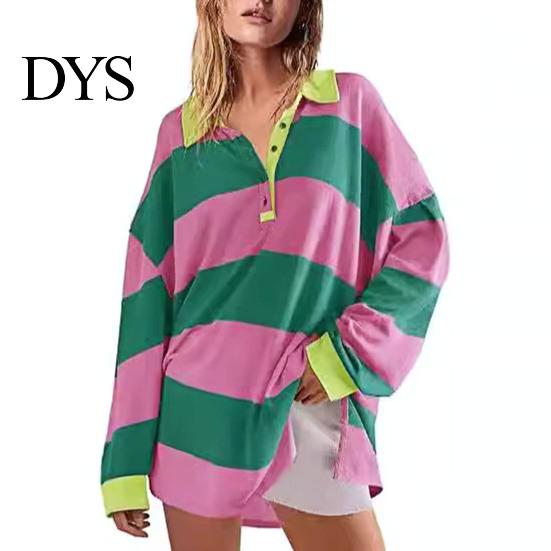 Lady Spring Top Women Sweatshirt Colorblock Striped Turn-down Collar Long Sleeves Buttons Loose Pullover Casual Homewear Sport Clothes Plus Size