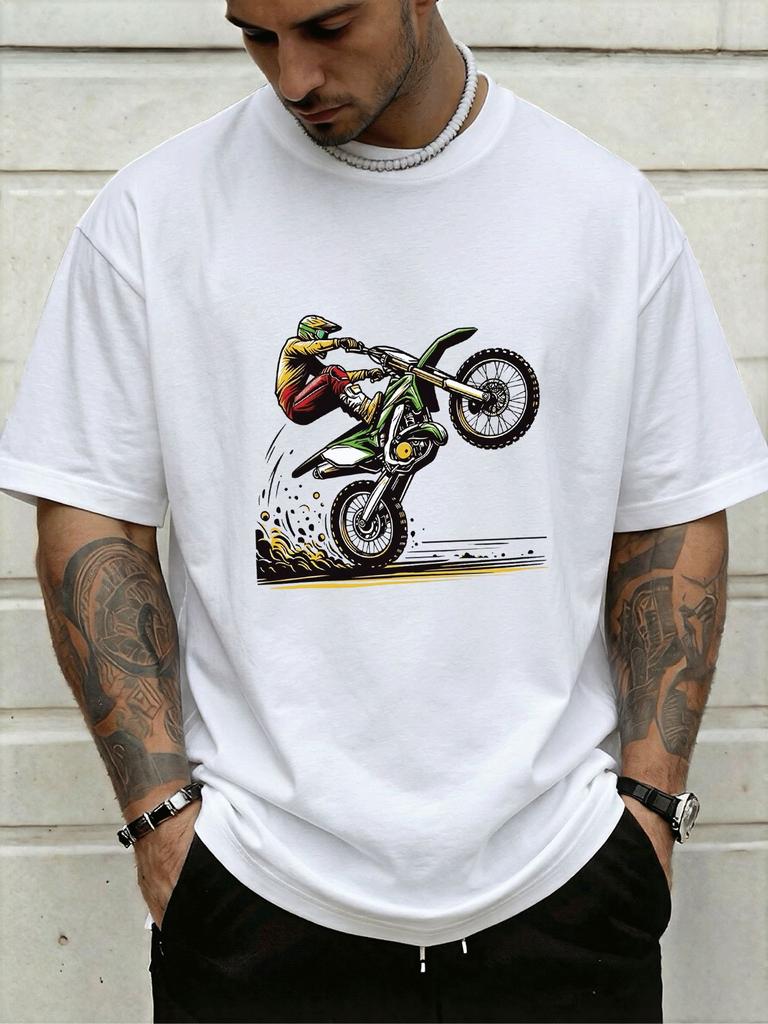 Unisex Crew Neck Tee Motocross Stunt Rider Bike Art Print Short Sleeve Oversized Male Daily Casual Soft Breathable Basic Wear Tee