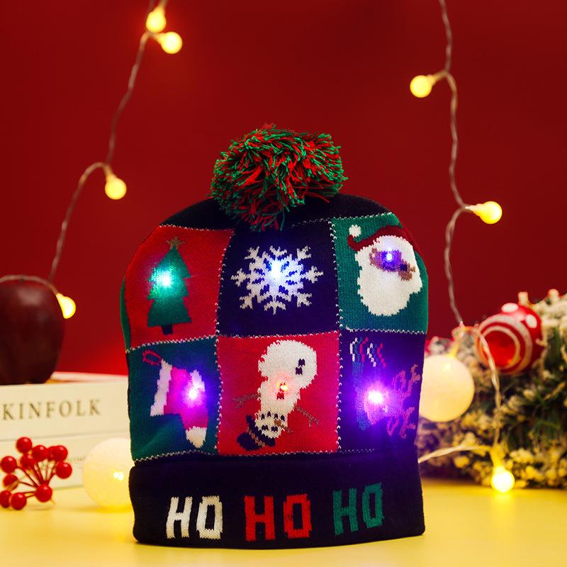 Cross-border Christmas decoration supplies cuffed knitted hat with ball LED light Santa Claus luminous hat for adults and children