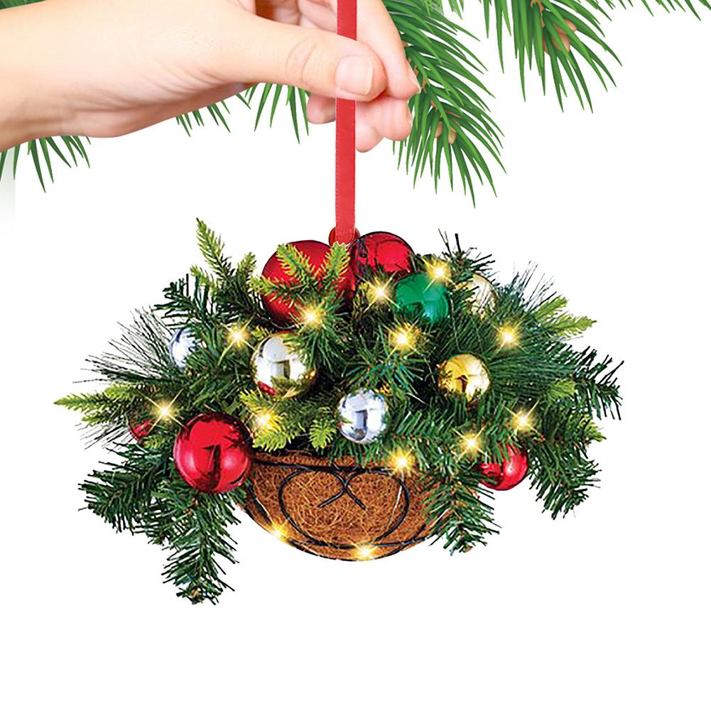 Wooden Mini Artificial Hanging 2D Flower Basket Pine Branch Pinecone Xmas Tree Ornament Christmas Pendant Decoration 2024