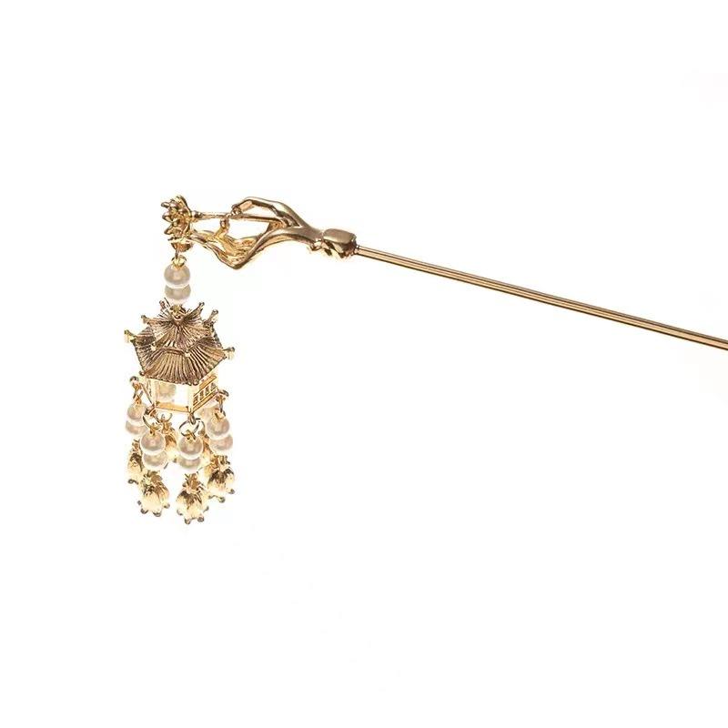Antique West Lake Pavilion Lantern Tassel Hairpin with Luminous Palace Design for Hanfu Updo.