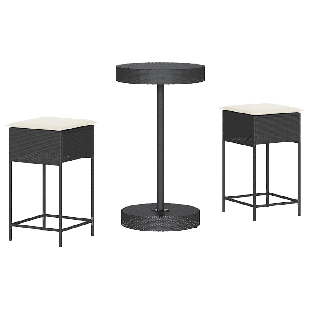 3 Piece Outdoor Bar Set with Cushions Black PE Rattan