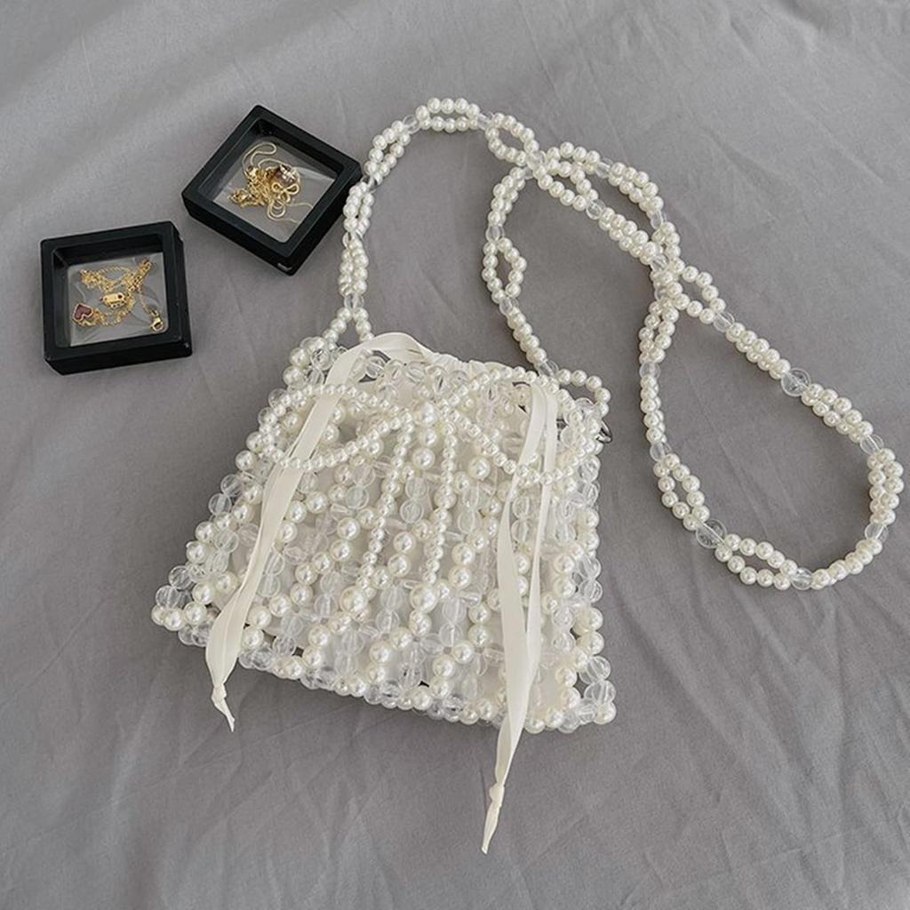 Lamerry Beaded Pearl Drawstring Bag, Wedding Shoulder Bag, Crossbody Bag, Party Bag, Yukata, Hakama, Entrance Ceremony, Graduation Ceremony, White