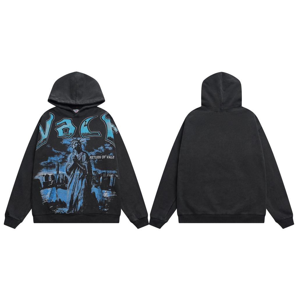 Trendy American Street Style Retro Distressed Letter Print Zipper Hooded Sweatshirt