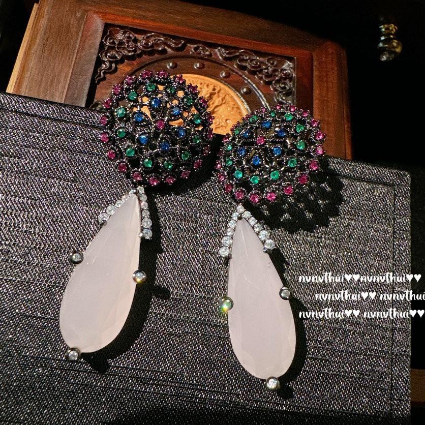 Papalacha Flower Gemstone Earrings, Rich Family Daughter Gold, Plated With 18K Gold Flower Plate Colored Treasure Zircon Water Drop Earrings