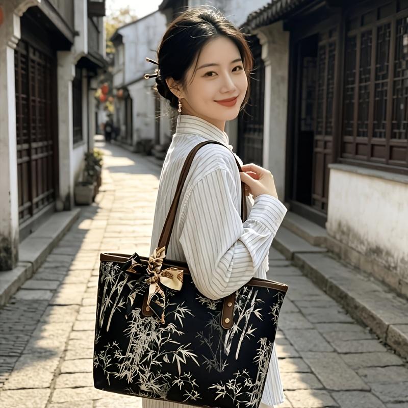 New Chinese style embroidered bamboo shoulder/handbag, retro, versatile, large capacity commuter tote bag, sophisticated commuter bag