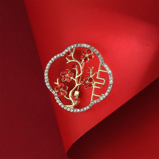 Holle Pruimenbloesem Broche met Rode Zirkonia Witte Strass Steentjes Chinese Stijl Pakken Jassen Sjaals Tassen