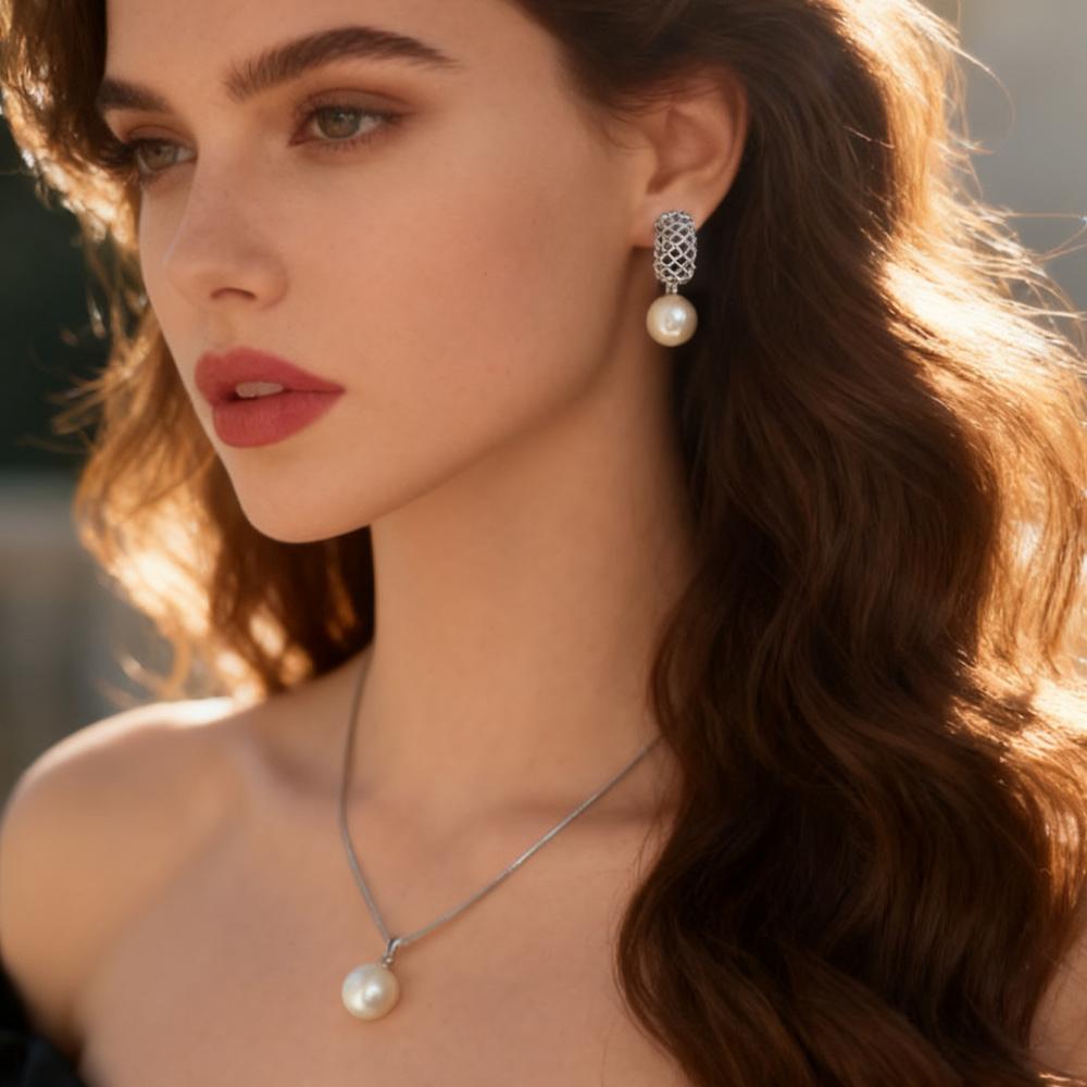 Imitation Pearl Necklaces Earrings Sets For Women Fashion Flower Cubic Zirconia Pendant with Chain Birhday Gift