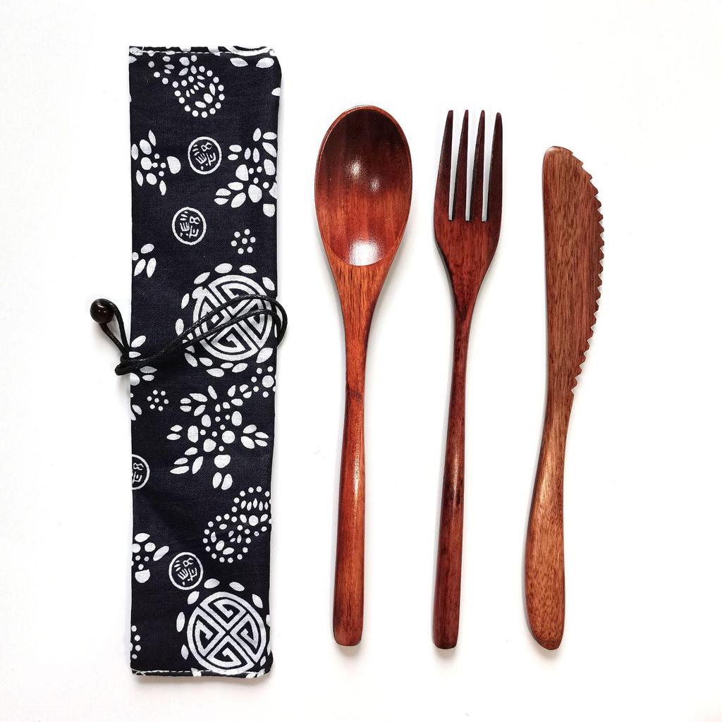 Japanese Wooden Portable Tableware Set: Long-Handled Spoon, Fork, and Chopsticks - Korean Style Three-Piece Set for Outdoor Use.