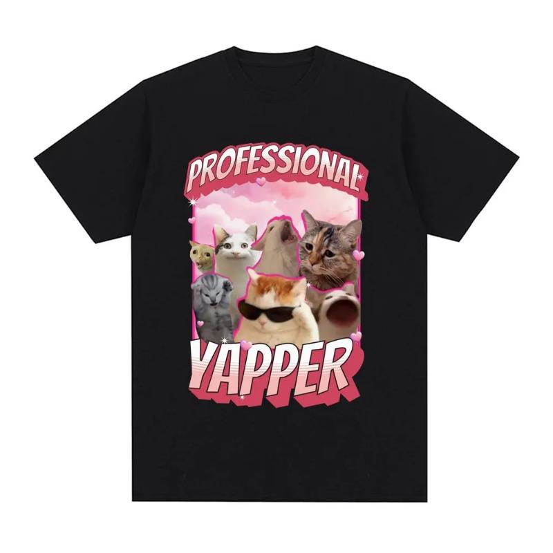 Retro Funny Professional Yapper Meme Cat Pattern Tshirt Womens Fashion Short Sleeved Tshirt Casual Comfortable T-shirt
