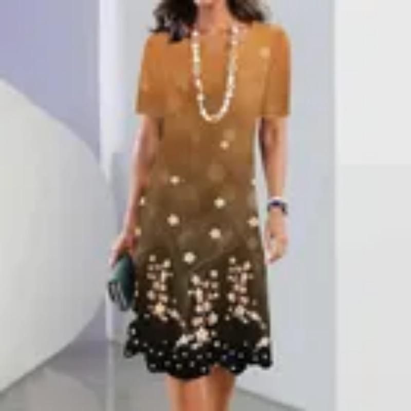 Women's Black and White Retro Geometric Circular Printed A-line Dress - Short Sleeved Round Neck Casual Mini Skirt