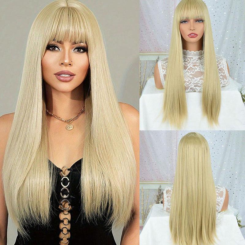 Damen Lange Gerade Goldene Perücke mit Luftpony - Natürlich, Vollkopfkappe, Atmungsaktiv, Stilvoll für den täglichen Gebrauch