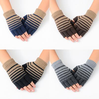 New Winter Striped Knitted Warm Gloves for Male Students, Fingerless Typing Woolen Half-finger Gloves for Women