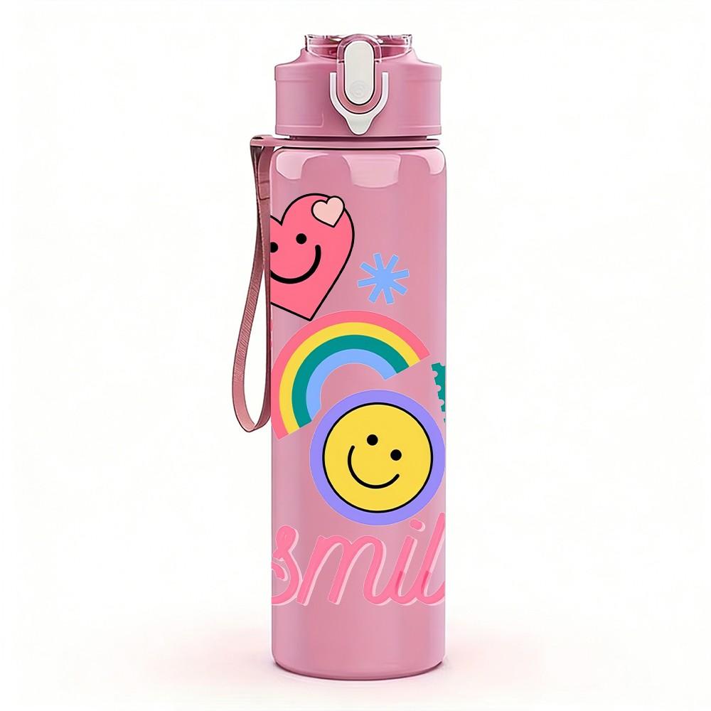 1PC Rainbow Cloud Smile Face Pattern 750ml Color Plastic Sports Water Bottle Leakproof Flip Straw Lid Suitable for Sports Office Home Use