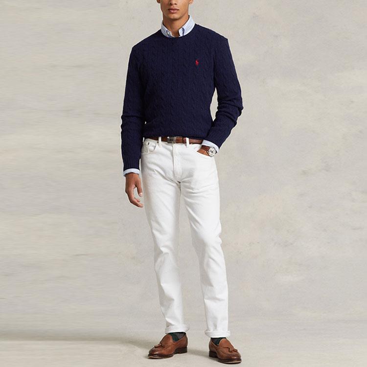Polo Ralph Lauren FW22 Solid Color Crew Neck Cable Knit Cashmere Sweater Men sweater Blue 16821187-400