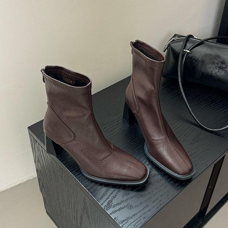 Fashion Female 6CM Heels Footwear Ladies Ankle Modern Boots Square Toe Fashion Zippers Women Stretch Short Boots Pumps Shoes New