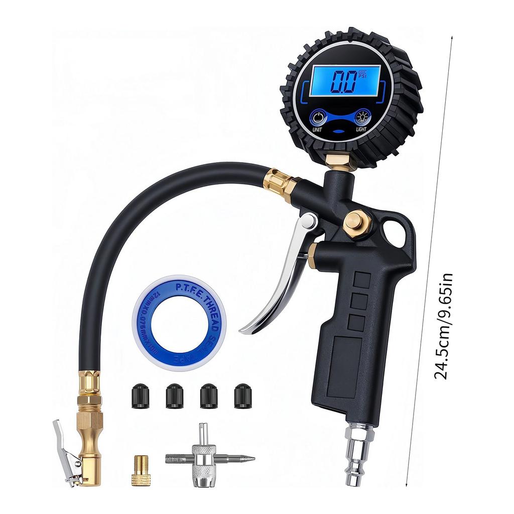 Tire Pressure Gauge and Inflator Large Display 250PSI Heavy Duty Air Chuck and Compressor Accessories with Rubber Hose