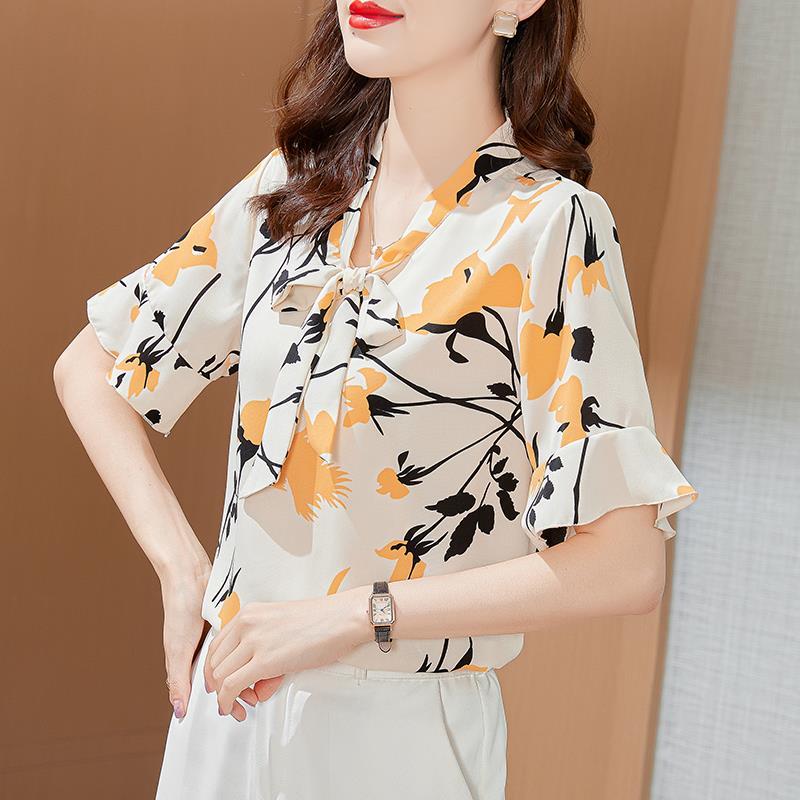 

Повседневная Стильная Блузка с Воротником-Шарфом и Бантом, Летняя, с Цветочным Принтом, Рюшами, Комбинированная, Свободная, с Коротким Рукавом 5XL бежевый