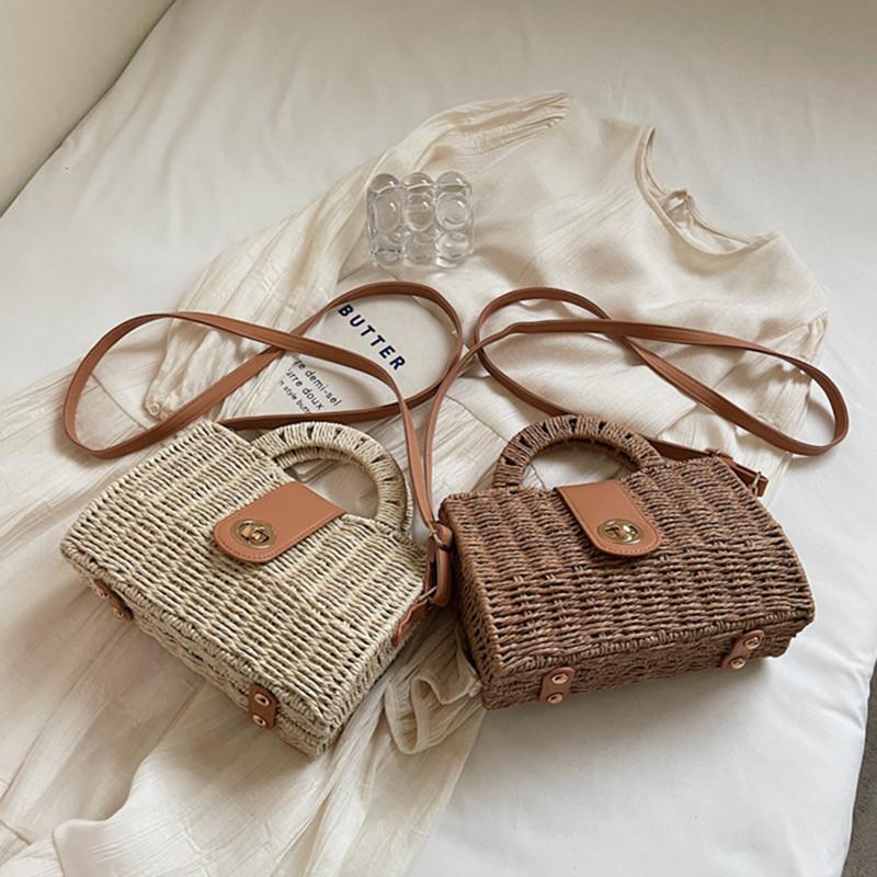 2025 Women Leisure Rattan Tote Box Lady Handbag Trendy Weaving Crossbody Bag Retro Straw Summer Beach Bag Messenger Bag
