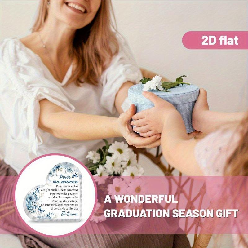 2D Flat, "Pour Ma Maman" Heart-Shaped Acrylic Decorative Plaque, Blue Floral Design & French Inscription, Suitable for Wall Decoration, Porch, Room, V