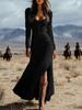 Retro Western-Style Buttoned Long Sleeve Pleated Dress
