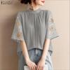 ZANZEA Women Casual Round Neck Splice Half Sleeve Summer Blouse