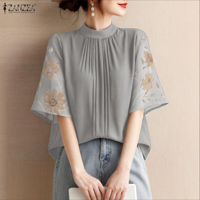 ZANZEA Women Casual Round Neck Splice Half Sleeve Summer Blouse