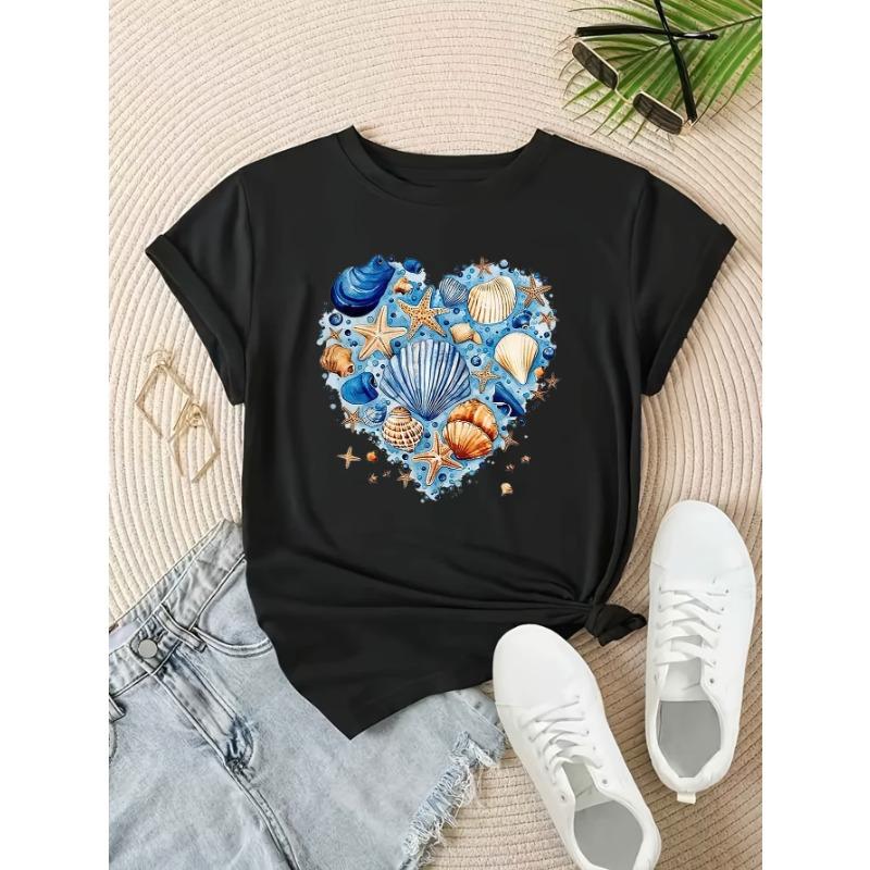 European Sizes Women'S Casual Short Sleeve T-Shirt with Vibrant Ocean Shell Print - Soft, Round Neck, Lightweight & Breathable for Spring/Summer