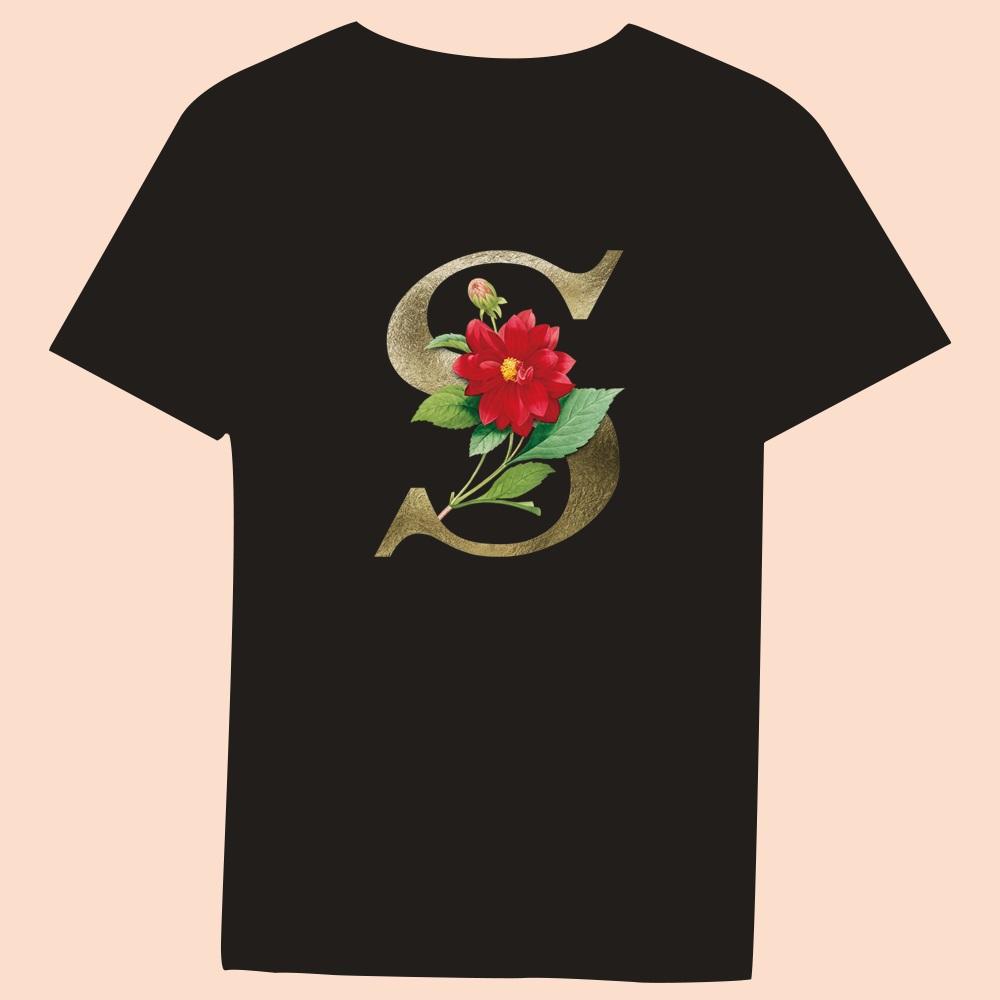 Gold Flower Letter 3D Printing Series Women's Black T-shirt Casual Large Top