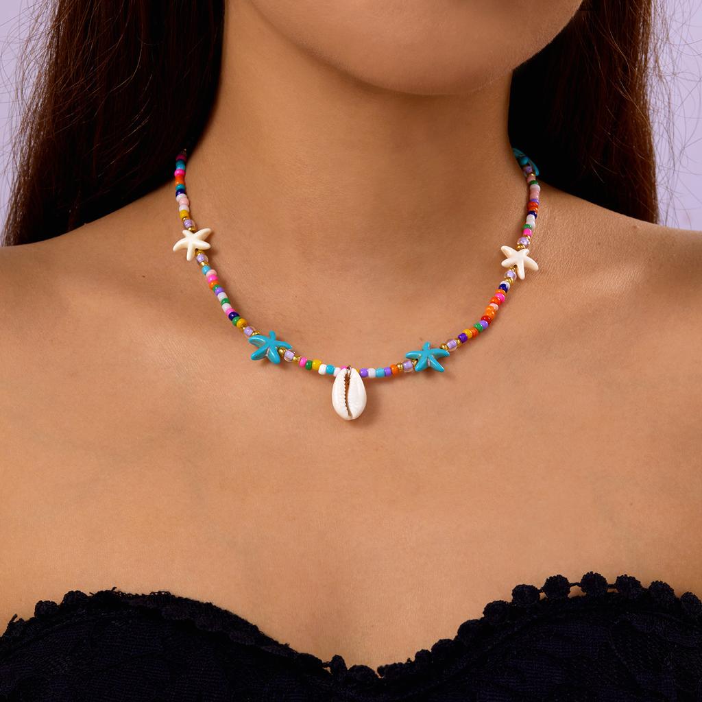 Bohemian Colorful Rice Beads Necklace for Women Sea Shell Starfish Pendant Clavicle Choker Summer Beach Party Charm Jewelry Gift