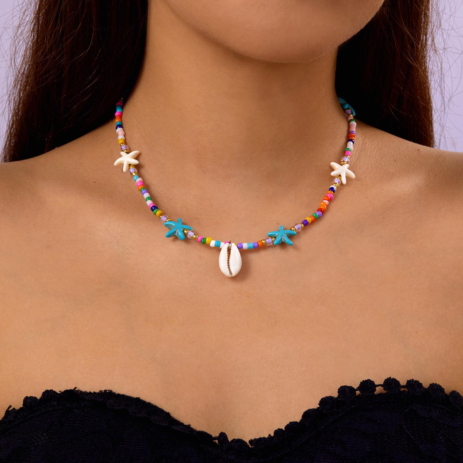 

Bohemian Colorful Rice Beads Necklace for Women Sea Shell Starfish Pendant Clavicle Choker Summer Beach Party Charm Zircon Gift