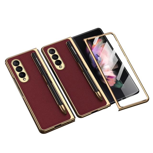 Husă cu Suport S Pen Pentru Samsung Galaxy Z Fold 3 5g Carcase Shell Folie Integrată Galvanizare Piele Simplă Slot pentru Stilou Z Fold3