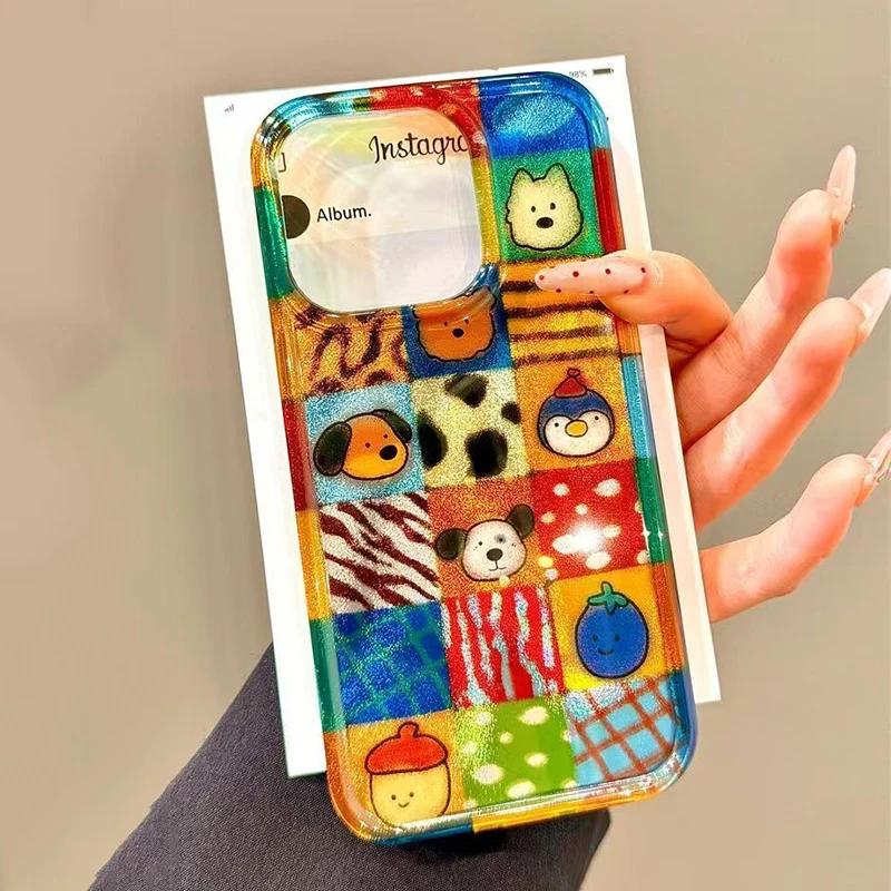 Cartoon Animal Phone Case for iPhone 17 16 15 14 XS X 7 8 Plus 13 12 11 Pro Max Vibrant Plaid Leopard And Adorable Pattern Cover iPhone 11