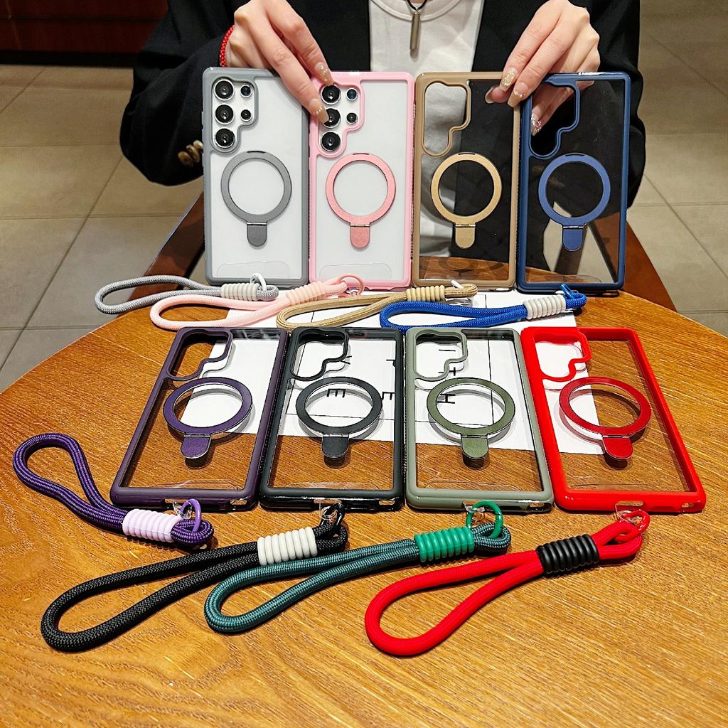 For Samsung Galaxy S25 Ultra Magnetic Case Kickstand TPU PC Clear Phone Back Cover with Wrist Strap