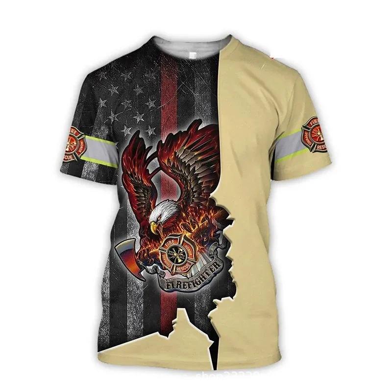 Firefighter Fire Simulation Drill Pattern 3D Print Cross-border New Men's Casual Short-Sleeve T-Shirt Factory Direct Sale