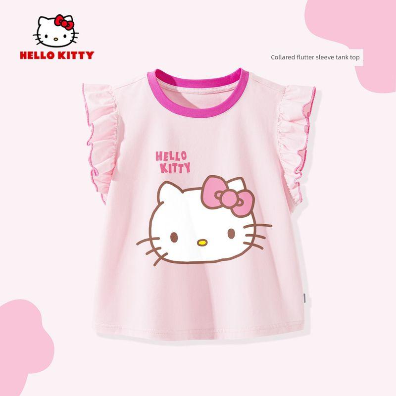 Hello Kitty Girls' T-Shirt Summer 2025 New Pink Girls' Flutter Sleeve Top Pure Cotton Children's Summer Clothing