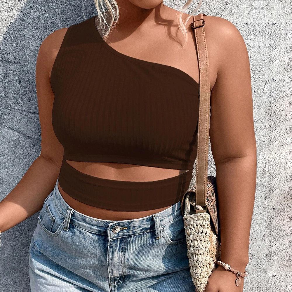 European and American Large-size Women's Clothing New Ins Fashion Versatile Slanted Shoulder Short Knitted Vest Navel Top