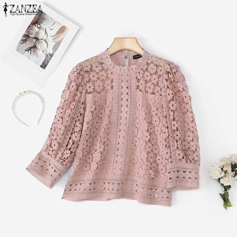 ZANZEA Womens Casual 3/4 Sleeve Loose Patchwork Lace Blouse