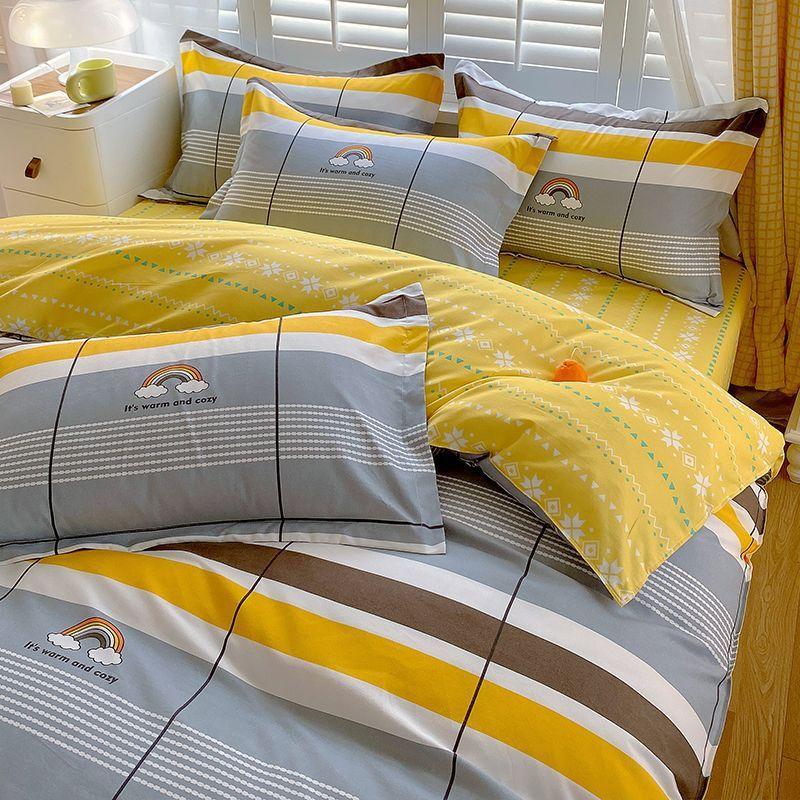 Vierteiliges Bettwäsche-Set, Bettwäsche, Gewaschene Baumwolle Sandgestrahlt Verdickter Bettbezug, Stepplaken, Studentenwohnheim Einzelbettbezug Dreiteiliges Set