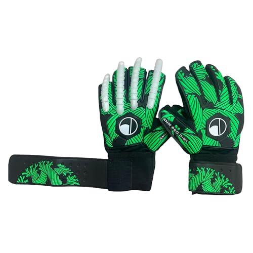 As luvas de goleiro Elivo com proteções para os dedos possuem acolchoamento protetor nas costas dos dedos, uma palma de látex, tecido nas laterais dos dedos, um