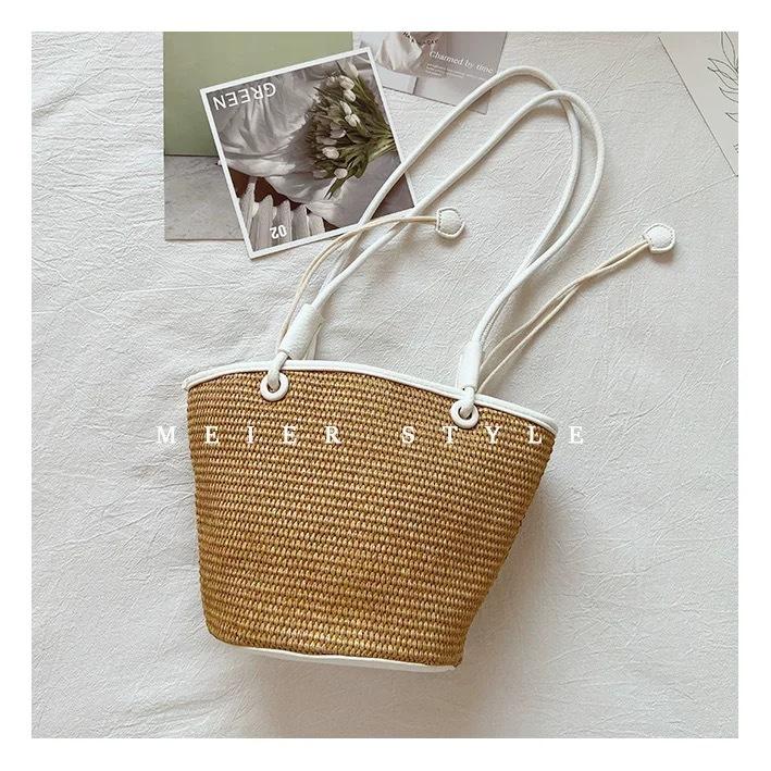 

Плетеная соломенная сумка 2025 новая плетеная сумка-корзина для овощей с вставками, универсальная пляжная сумка через плечо белый