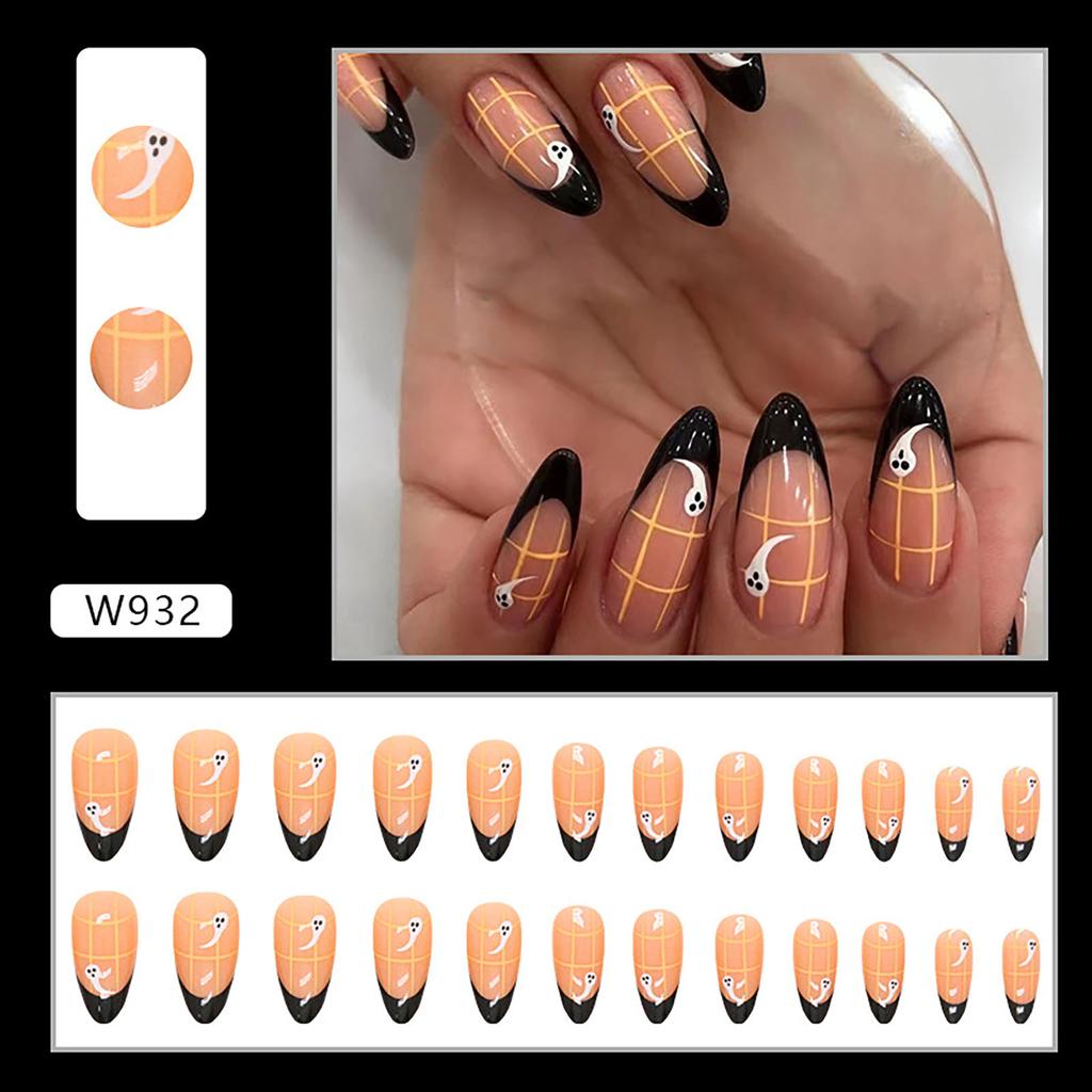 Black Round Tip Decor Almond False Manicure Lightweight and Easy to Stick Fake Nail for Daily and Parties Wearing