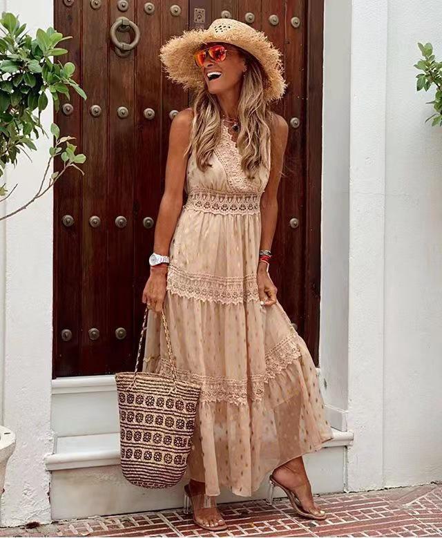 Vestido Sexy de Verão Feminino 2022 Decote V Profundo Sem Mangas Chiffon Comprimento Médio