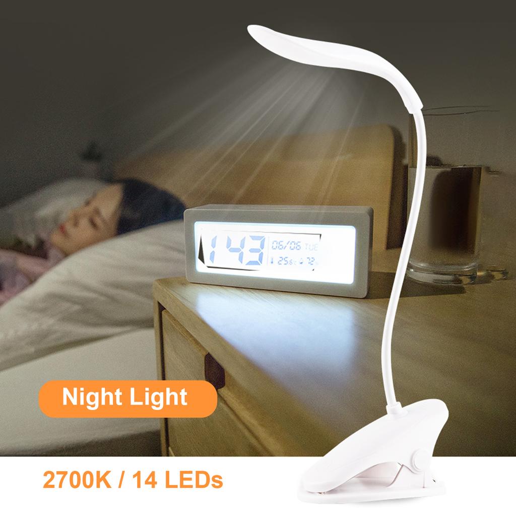 Portable Clip on Desk Lamp LEDs Night Light 2700K 3 Brightness Level Battery USB Rechargeable 360°Flexible Neck Clamp Lamps for Bed Reading Working