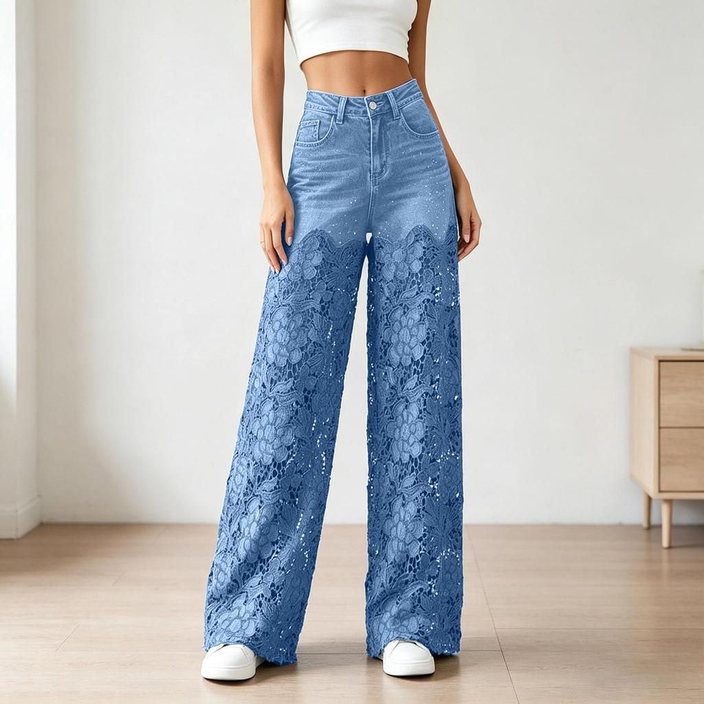 Jeans a Gamba Larga da Donna Pantaloni in Denim Elasticizzato a Vita Alta con Inserti in Pizzo Pantaloni Stile Patchwork Y2K