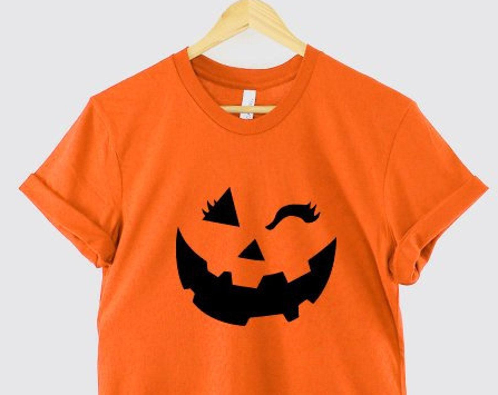 Girls Halloween Pumpkin Face T-Shirt – Winking Jack-O -Lantern Tee S