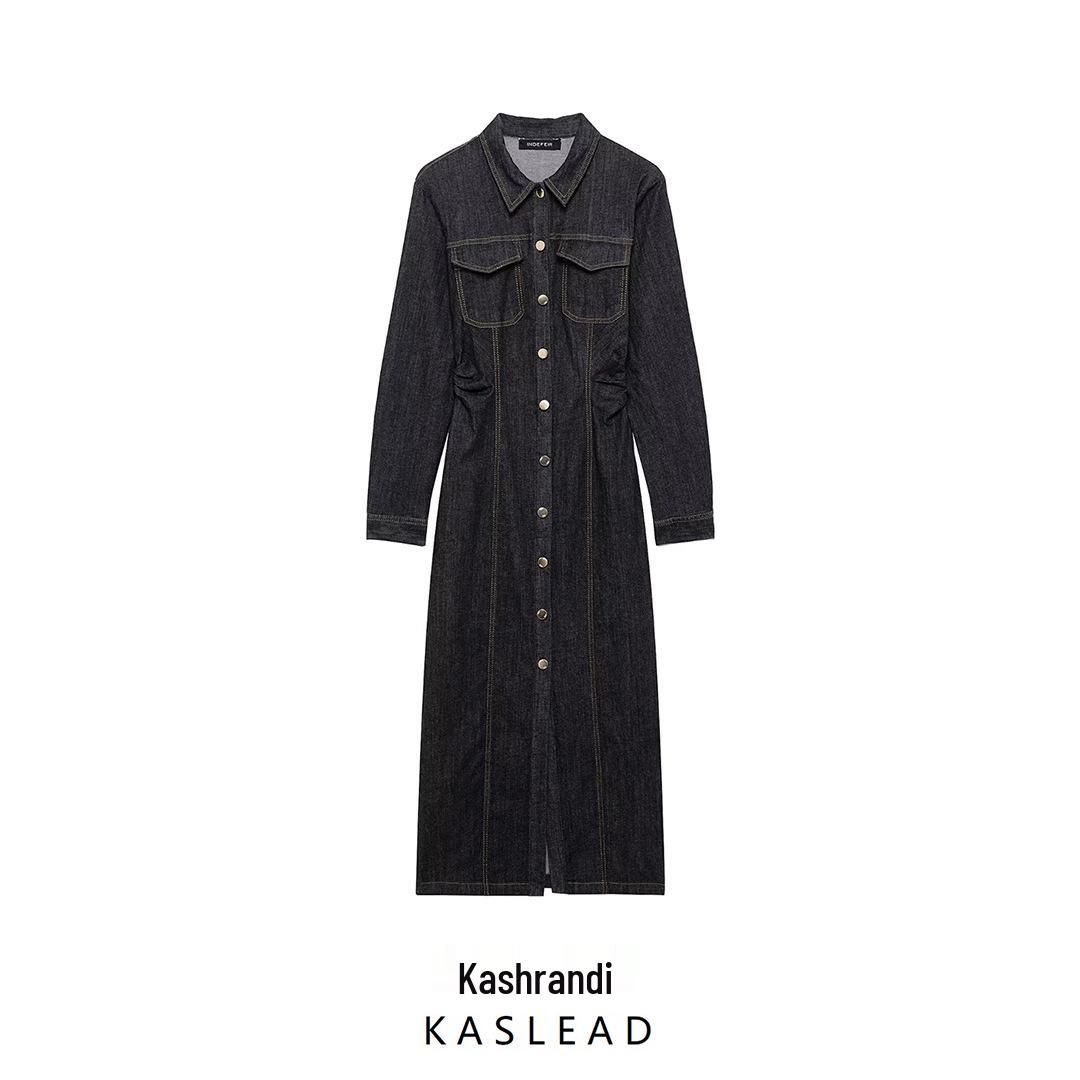 

Spring 2025 Women s European & American Style Denim Midi Dress with Long Sleeves L