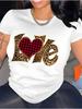 Womens Pure Cotton Short Sleeved Tshirt with Leopard Print Heart Print Casual Round Neck Top Regular Loose Fit Fun Print Design