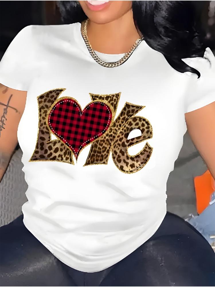 Womens Pure Cotton Short Sleeved Tshirt with Leopard Print Heart Print Casual Round Neck Top Regular Loose Fit Fun Print Design